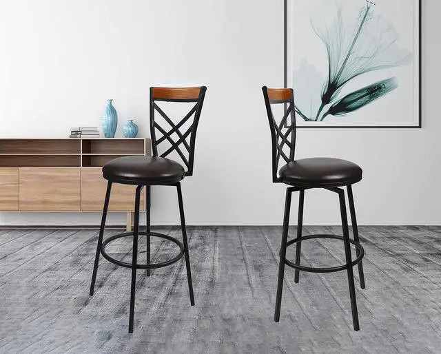 Alt view image 7 of 7 - eHemco Swivel Metal Kitchen Counter Barstool with Double X Back Faux Leather Upholstered Seat, Espresso and Black, Set of 2