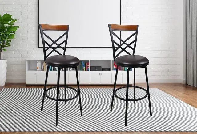 Alt view image 2 of 7 - eHemco Swivel Metal Kitchen Counter Barstool with Double X Back Faux Leather Upholstered Seat, Espresso and Black, Set of 2