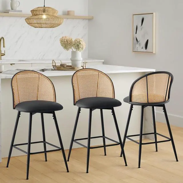 Main image of Swivel Counter Height Bar Stools Set of 3, Mid Century Modern 26" Bar Chairs with Rattan Back & Metal Legs, Upholstered Faux Leather Barstools Island Stools for Kitchen Counter Home Bar,Black