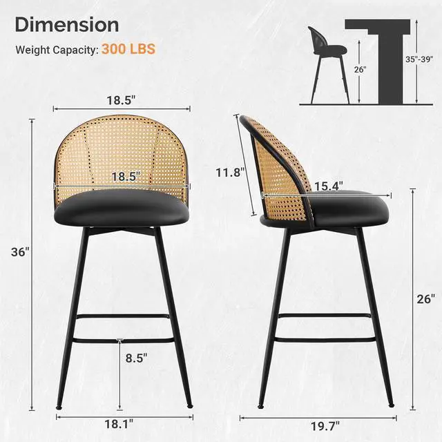 Alt view image 2 of 7 - Swivel Counter Height Bar Stools Set of 3, Mid Century Modern 26" Bar Chairs with Rattan Back & Metal Legs, Upholstered Faux Leather Barstools Island Stools for Kitchen Counter Home Bar,Black