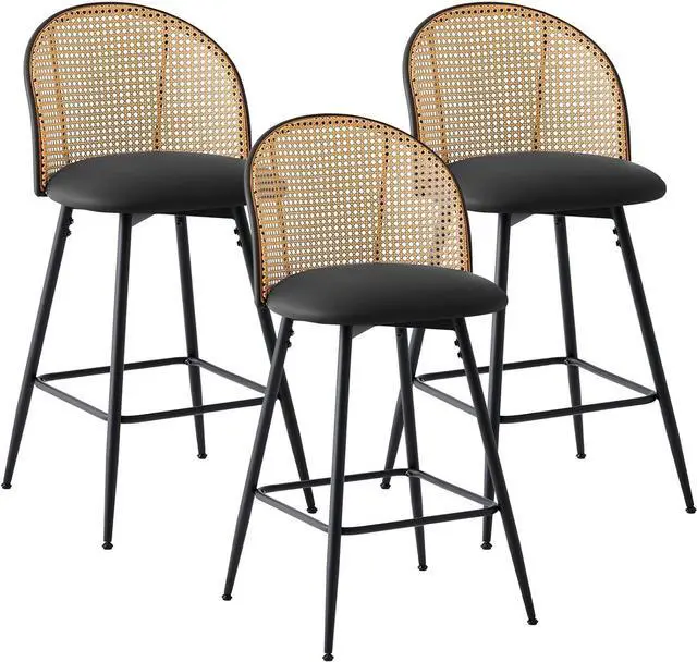 Alt view image 3 of 7 - Swivel Counter Height Bar Stools Set of 3, Mid Century Modern 26" Bar Chairs with Rattan Back & Metal Legs, Upholstered Faux Leather Barstools Island Stools for Kitchen Counter Home Bar,Black