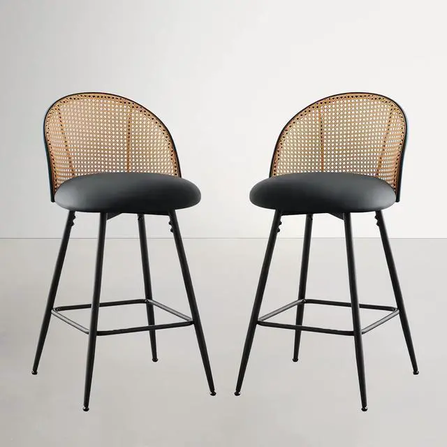 Alt view image 5 of 7 - Swivel Counter Height Bar Stools Set of 3, Mid Century Modern 26" Bar Chairs with Rattan Back & Metal Legs, Upholstered Faux Leather Barstools Island Stools for Kitchen Counter Home Bar,Black