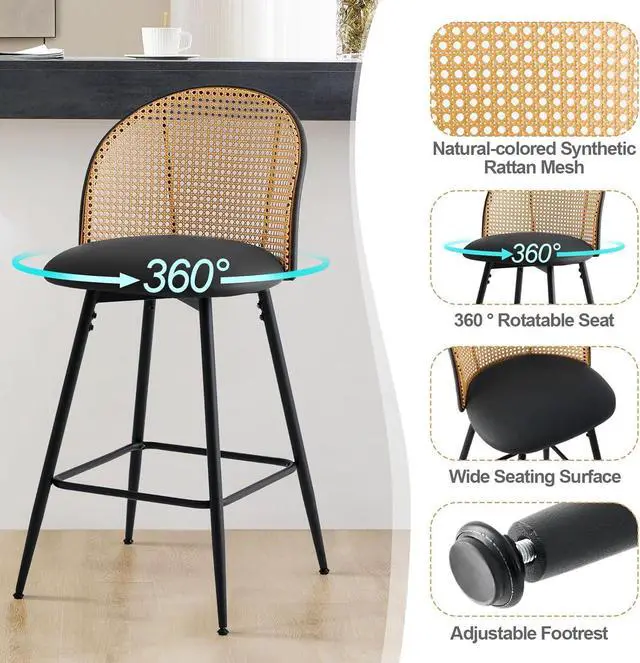 Alt view image 4 of 7 - Swivel Counter Height Bar Stools Set of 3, Mid Century Modern 26" Bar Chairs with Rattan Back & Metal Legs, Upholstered Faux Leather Barstools Island Stools for Kitchen Counter Home Bar,Black