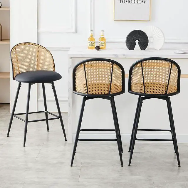 Alt view image 7 of 7 - Swivel Counter Height Bar Stools Set of 3, Mid Century Modern 26" Bar Chairs with Rattan Back & Metal Legs, Upholstered Faux Leather Barstools Island Stools for Kitchen Counter Home Bar,Black