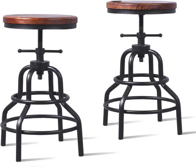 Alt view image 6 of 6 - Topower Retro Antique Industrial Design Metal Adjustable Height Bar Stool Chair Kitchen Dining Breakfast Chair Natural Pinewood Industrial Style (Black 2pcs)