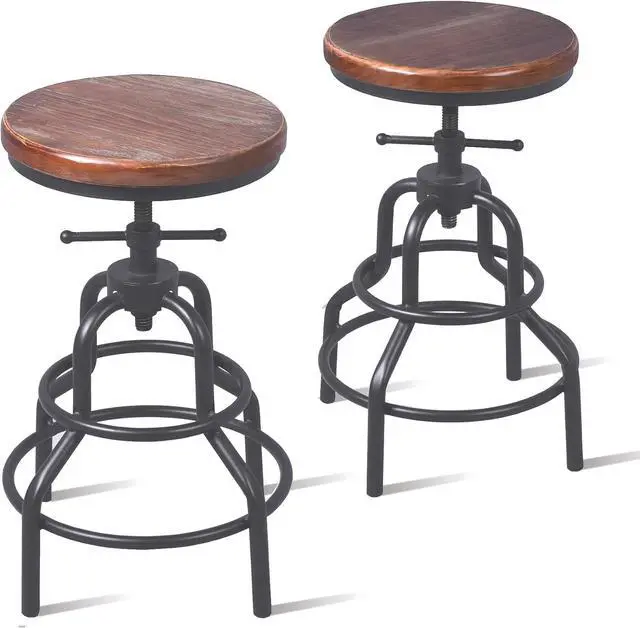 Alt view image 4 of 6 - Topower Retro Antique Industrial Design Metal Adjustable Height Bar Stool Chair Kitchen Dining Breakfast Chair Natural Pinewood Industrial Style (Black 2pcs)