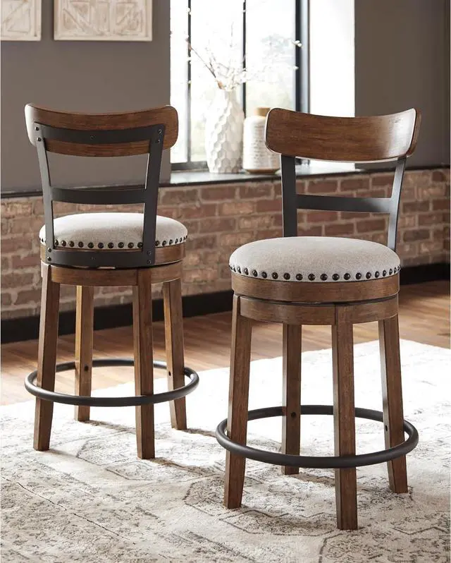 Alt view image 2 of 7 - Signature Design by Ashley Valebeck Rustic Farmhouse 24.5â Counter Height Swivel Bar Stool, Brown