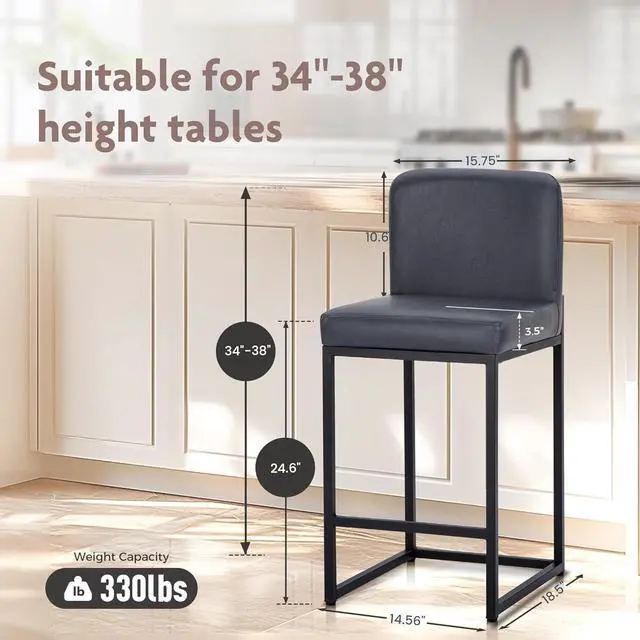 Alt view image 2 of 7 - ALPHA HOME 24 Inch Bar Stools Set of 2 Kitchen Counter Stools with Back Pu Leather Counter Chair Counter Height Bar Stools with Upholstered Footrest Sturdy Chromed Metal Steel Frame, Midnight Blue