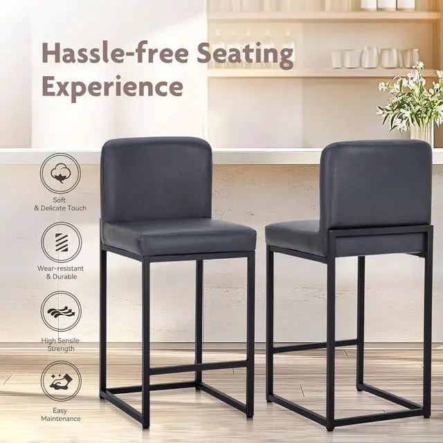 Alt view image 4 of 7 - ALPHA HOME 24 Inch Bar Stools Set of 2 Kitchen Counter Stools with Back Pu Leather Counter Chair Counter Height Bar Stools with Upholstered Footrest Sturdy Chromed Metal Steel Frame, Midnight Blue