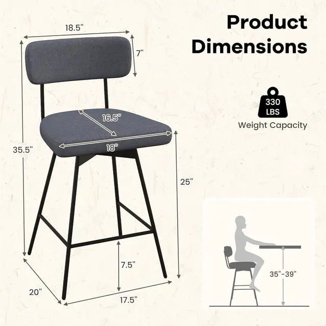 Alt view image 3 of 7 - COSTWAY Bar Stools Set of 2, 25 Upholstered Counter Height Bar Stools with Back, 360° Swivel Dining Chairs with Heavy-Duty Metal Legs and Footrests, for Kitchen Island, Dining Room, Bar (2, Grey)