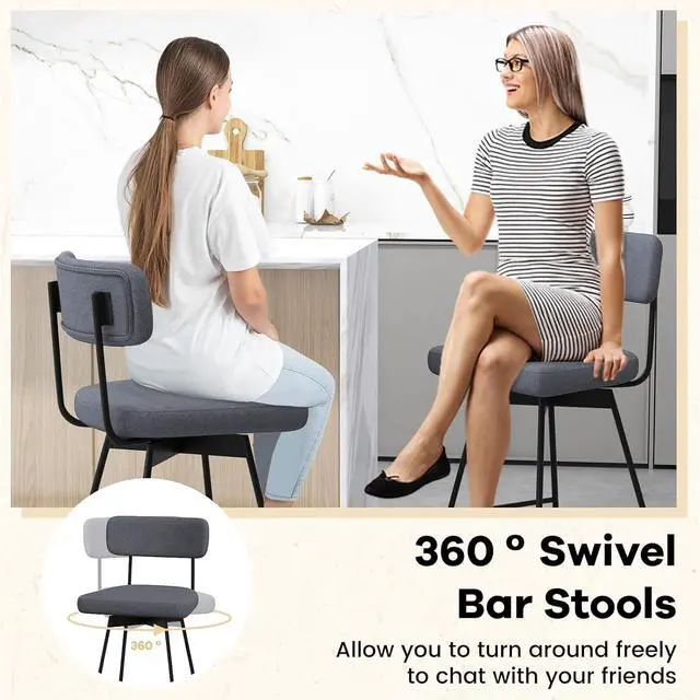 Alt view image 5 of 7 - COSTWAY Bar Stools Set of 2, 25 Upholstered Counter Height Bar Stools with Back, 360° Swivel Dining Chairs with Heavy-Duty Metal Legs and Footrests, for Kitchen Island, Dining Room, Bar (2, Grey)