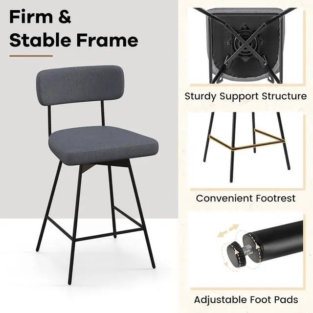 Alt view image 7 of 7 - COSTWAY Bar Stools Set of 2, 25 Upholstered Counter Height Bar Stools with Back, 360° Swivel Dining Chairs with Heavy-Duty Metal Legs and Footrests, for Kitchen Island, Dining Room, Bar (2, Grey)