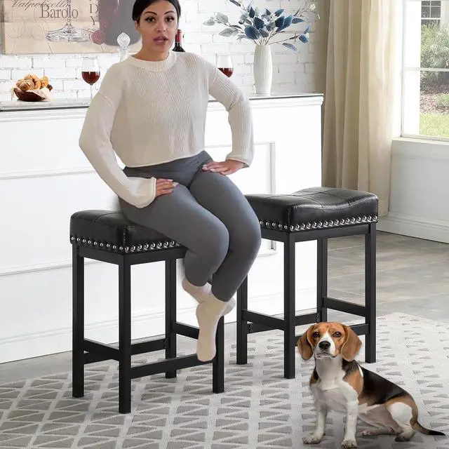 Alt view image 7 of 7 - KORZEY Bar Stools Set of 3, 24" Counter Height Bar Stools, Pu Leather Barstools Metal Frame for Kitchen Island, Saddle Barstools with Nailhead Trim, Black