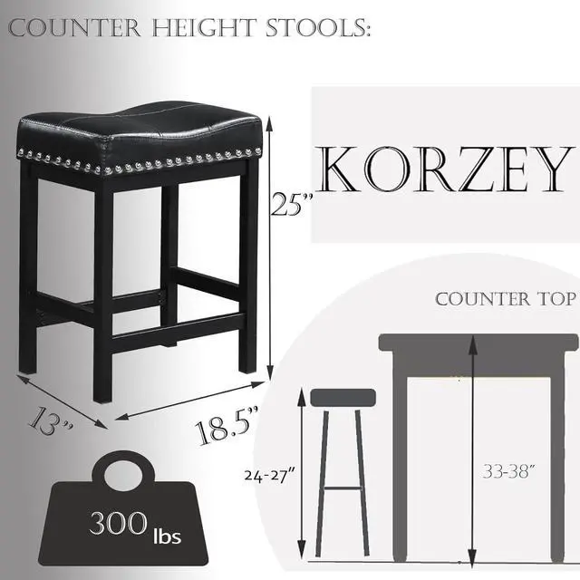 Alt view image 3 of 7 - KORZEY Bar Stools Set of 3, 24" Counter Height Bar Stools, Pu Leather Barstools Metal Frame for Kitchen Island, Saddle Barstools with Nailhead Trim, Black
