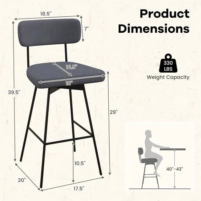 Alt view image 3 of 7 - COSTWAY Bar Stools Set of 2, 29 Upholstered Bar Height Chairs with Back, 360° Swivel Bar Chairs with Heavy-Duty Metal Legs and Footrests, Fabric Seat for Kitchen Island, Dining Room, Bar (2, Grey)