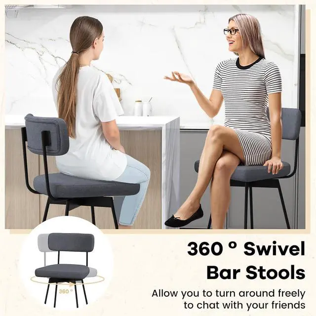 Alt view image 4 of 7 - COSTWAY Bar Stools Set of 2, 29 Upholstered Bar Height Chairs with Back, 360° Swivel Bar Chairs with Heavy-Duty Metal Legs and Footrests, Fabric Seat for Kitchen Island, Dining Room, Bar (2, Grey)
