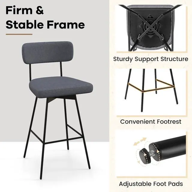 Alt view image 6 of 7 - COSTWAY Bar Stools Set of 2, 29 Upholstered Bar Height Chairs with Back, 360° Swivel Bar Chairs with Heavy-Duty Metal Legs and Footrests, Fabric Seat for Kitchen Island, Dining Room, Bar (2, Grey)