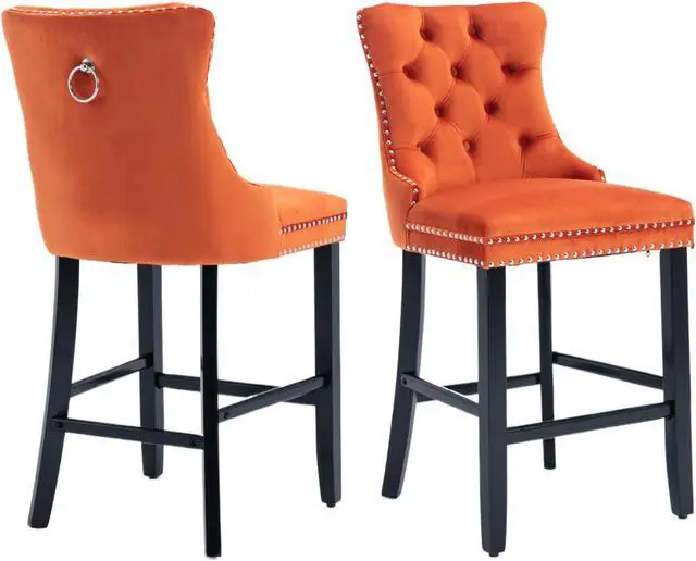 Main image of Velvet Upholstered Bar Stools Set of 2 with Back and Wood Legs, Metal Pulling Ring, Armless Counter Height Barstools for Kitchen Island, Pub(Orange)