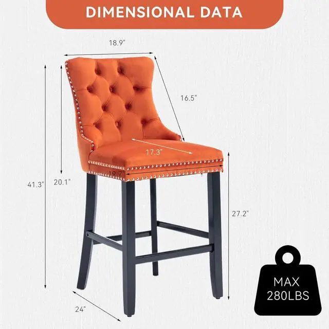 Alt view image 3 of 7 - Velvet Upholstered Bar Stools Set of 2 with Back and Wood Legs, Metal Pulling Ring, Armless Counter Height Barstools for Kitchen Island, Pub(Orange)