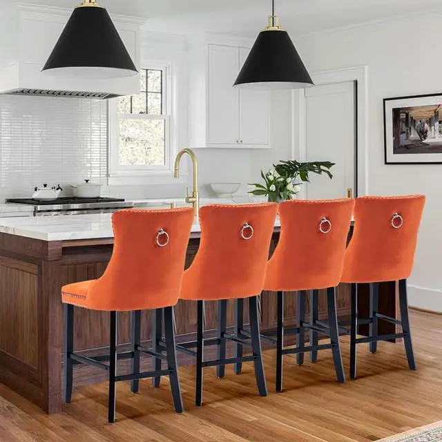 Alt view image 4 of 7 - Velvet Upholstered Bar Stools Set of 2 with Back and Wood Legs, Metal Pulling Ring, Armless Counter Height Barstools for Kitchen Island, Pub(Orange)