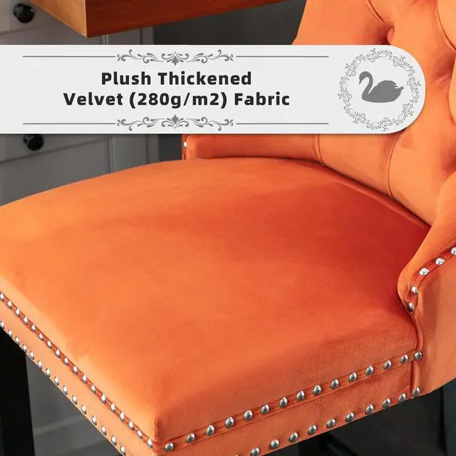 Alt view image 5 of 7 - Velvet Upholstered Bar Stools Set of 2 with Back and Wood Legs, Metal Pulling Ring, Armless Counter Height Barstools for Kitchen Island, Pub(Orange)