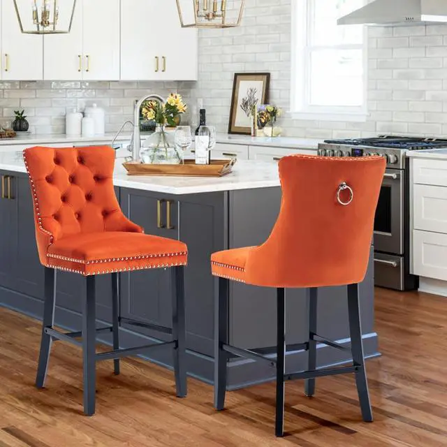 Alt view image 2 of 7 - Velvet Upholstered Bar Stools Set of 2 with Back and Wood Legs, Metal Pulling Ring, Armless Counter Height Barstools for Kitchen Island, Pub(Orange)