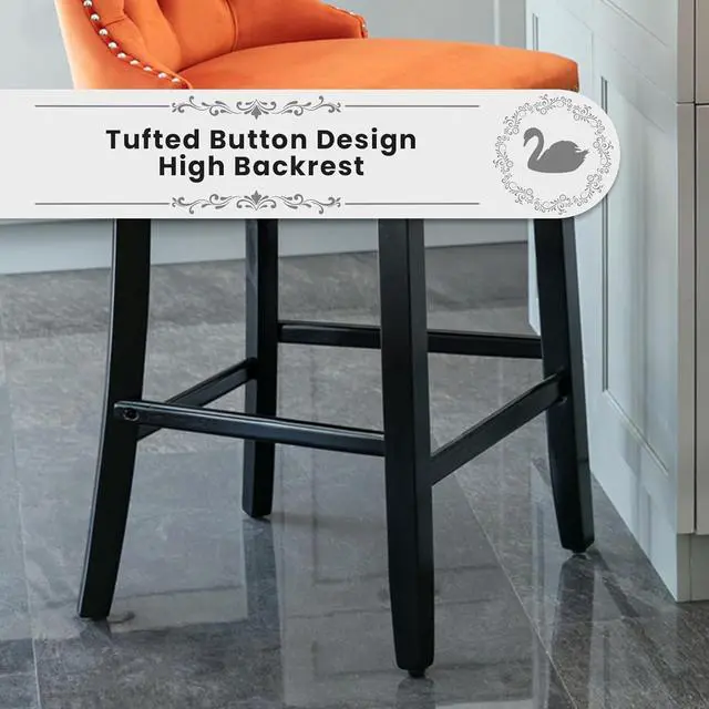 Alt view image 7 of 7 - Velvet Upholstered Bar Stools Set of 2 with Back and Wood Legs, Metal Pulling Ring, Armless Counter Height Barstools for Kitchen Island, Pub(Orange)
