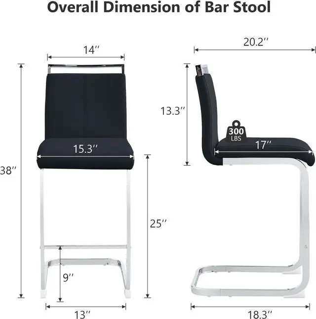 Alt view image 2 of 7 - 25in Counter Height Bar Stool Set of 4 PU Leather Bar Chair with Back Kitchen Island Stools with Cushion for Dining Room Living Room Pub Restaurant Black