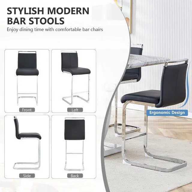 Alt view image 5 of 7 - 25in Counter Height Bar Stool Set of 4 PU Leather Bar Chair with Back Kitchen Island Stools with Cushion for Dining Room Living Room Pub Restaurant Black