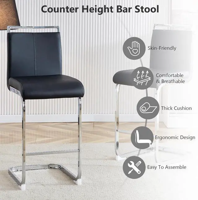 Alt view image 7 of 7 - 25in Counter Height Bar Stool Set of 4 PU Leather Bar Chair with Back Kitchen Island Stools with Cushion for Dining Room Living Room Pub Restaurant Black
