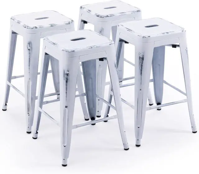 Main image of Vogue Furniture Direct 24 Inch Metal Bar Stools, Backless Counter Height Barstools, Indoor Outdoor Stackable Stools with Square Seat, Set of 4 (Distressed White)