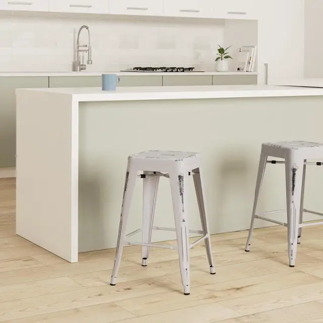 Alt view image 2 of 7 - Vogue Furniture Direct 24 Inch Metal Bar Stools, Backless Counter Height Barstools, Indoor Outdoor Stackable Stools with Square Seat, Set of 4 (Distressed White)