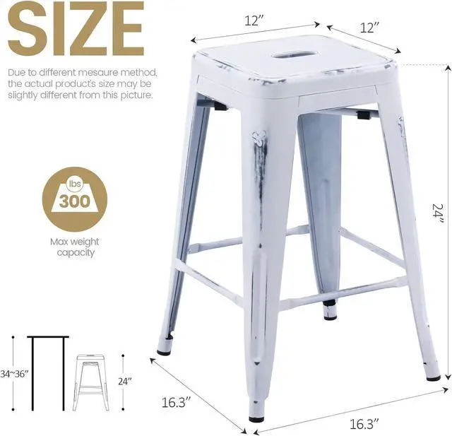 Alt view image 3 of 7 - Vogue Furniture Direct 24 Inch Metal Bar Stools, Backless Counter Height Barstools, Indoor Outdoor Stackable Stools with Square Seat, Set of 4 (Distressed White)