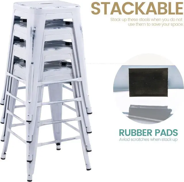 Alt view image 6 of 7 - Vogue Furniture Direct 24 Inch Metal Bar Stools, Backless Counter Height Barstools, Indoor Outdoor Stackable Stools with Square Seat, Set of 4 (Distressed White)