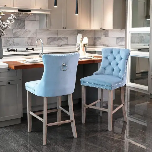 Main image of Rhomtree Velvet Bar Stools Modern Upholstered Bar Chairs 27'' Seat Height with Button Tufted Solid Wood Legs Counter Stools for Home Bar Dining Room Kitchen (Light Blue, Set of 2)