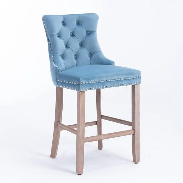 Alt view image 3 of 7 - Rhomtree Velvet Bar Stools Modern Upholstered Bar Chairs 27'' Seat Height with Button Tufted Solid Wood Legs Counter Stools for Home Bar Dining Room Kitchen (Light Blue, Set of 2)