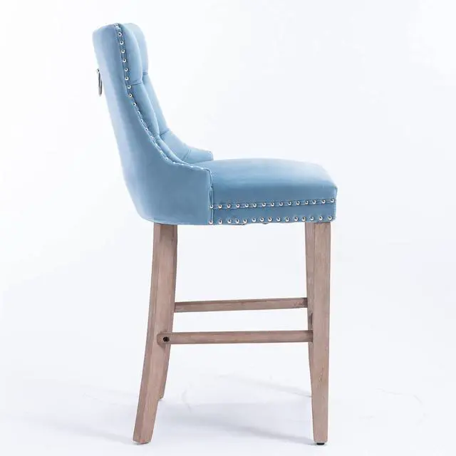 Alt view image 4 of 7 - Rhomtree Velvet Bar Stools Modern Upholstered Bar Chairs 27'' Seat Height with Button Tufted Solid Wood Legs Counter Stools for Home Bar Dining Room Kitchen (Light Blue, Set of 2)
