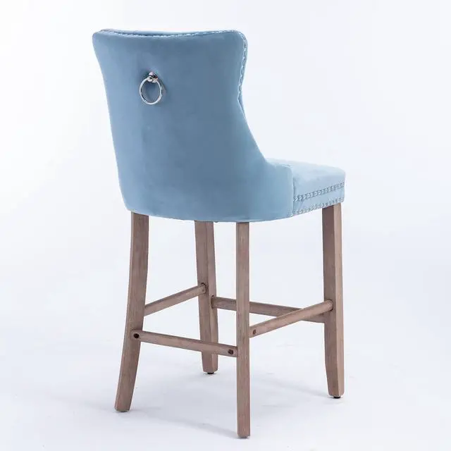 Alt view image 5 of 7 - Rhomtree Velvet Bar Stools Modern Upholstered Bar Chairs 27'' Seat Height with Button Tufted Solid Wood Legs Counter Stools for Home Bar Dining Room Kitchen (Light Blue, Set of 2)