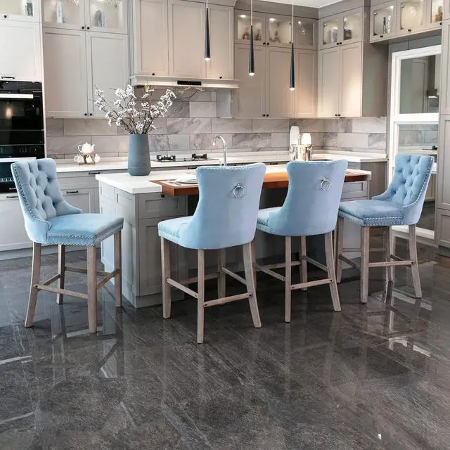 Alt view image 7 of 7 - Rhomtree Velvet Bar Stools Modern Upholstered Bar Chairs 27'' Seat Height with Button Tufted Solid Wood Legs Counter Stools for Home Bar Dining Room Kitchen (Light Blue, Set of 2)
