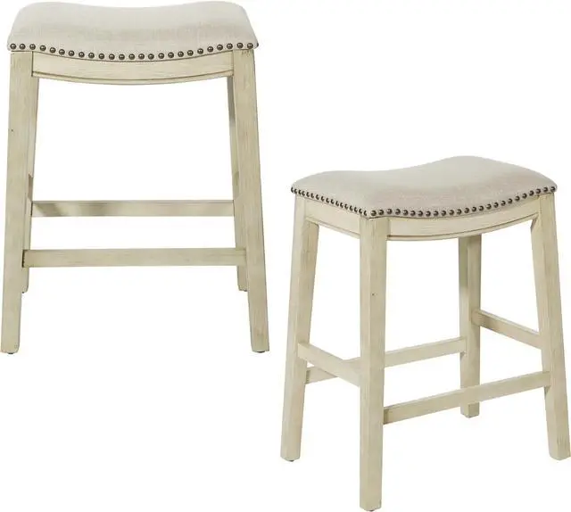 Main image of OSP Home Furnishings Metro 24-inch Counter Height Saddle Stool with Nailhead Trim 2-Pack, Antique White Base with Beige Fabric