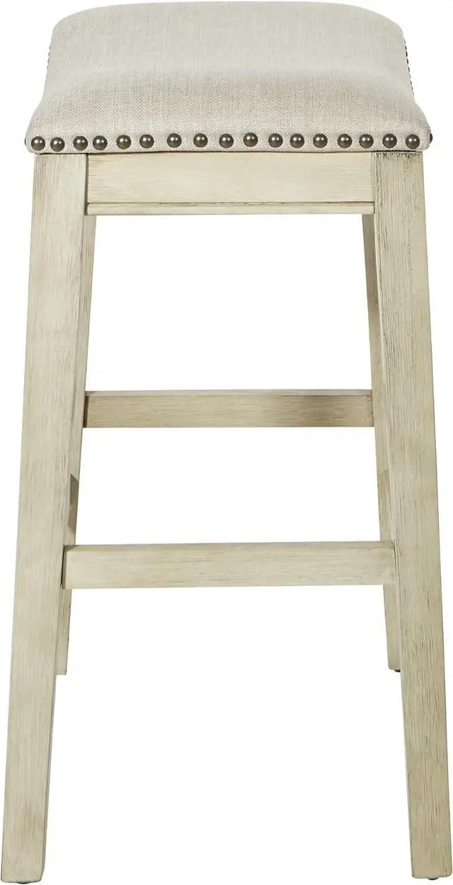 Alt view image 3 of 7 - OSP Home Furnishings Metro 24-inch Counter Height Saddle Stool with Nailhead Trim 2-Pack, Antique White Base with Beige Fabric