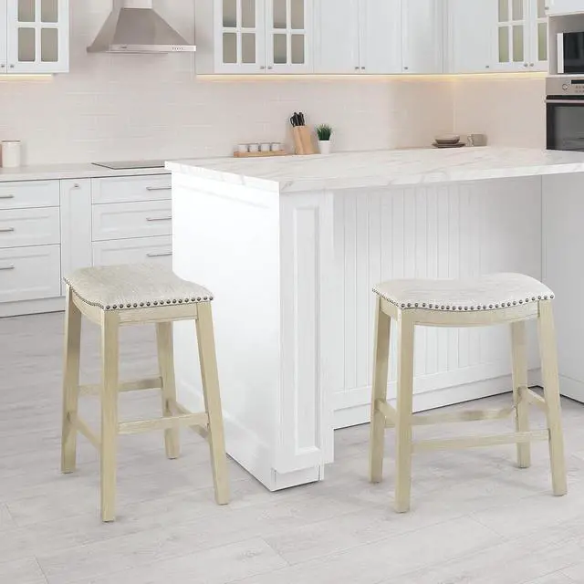 Alt view image 5 of 7 - OSP Home Furnishings Metro 24-inch Counter Height Saddle Stool with Nailhead Trim 2-Pack, Antique White Base with Beige Fabric