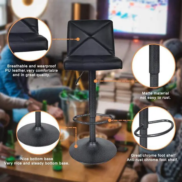 Alt view image 5 of 6 - Dkeli Bar Stools, Modern Black PU Leather Barstools with Back Adjustable Counter Height Swivel Bar Stool, Set of 2 (Black)