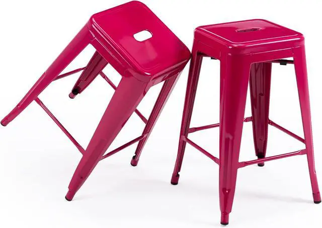 Main image of Vogue Furniture Direct 24 Inch Metal Bar Stools, Backless Counter Height Barstools, Indoor Outdoor Stackable Stools with Square Seat, Set of 2 (Hot Pink)