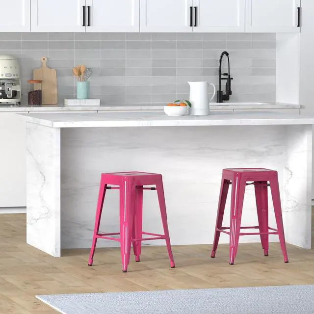 Alt view image 2 of 7 - Vogue Furniture Direct 24 Inch Metal Bar Stools, Backless Counter Height Barstools, Indoor Outdoor Stackable Stools with Square Seat, Set of 2 (Hot Pink)
