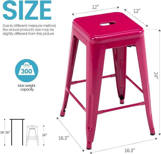 Alt view image 3 of 7 - Vogue Furniture Direct 24 Inch Metal Bar Stools, Backless Counter Height Barstools, Indoor Outdoor Stackable Stools with Square Seat, Set of 2 (Hot Pink)