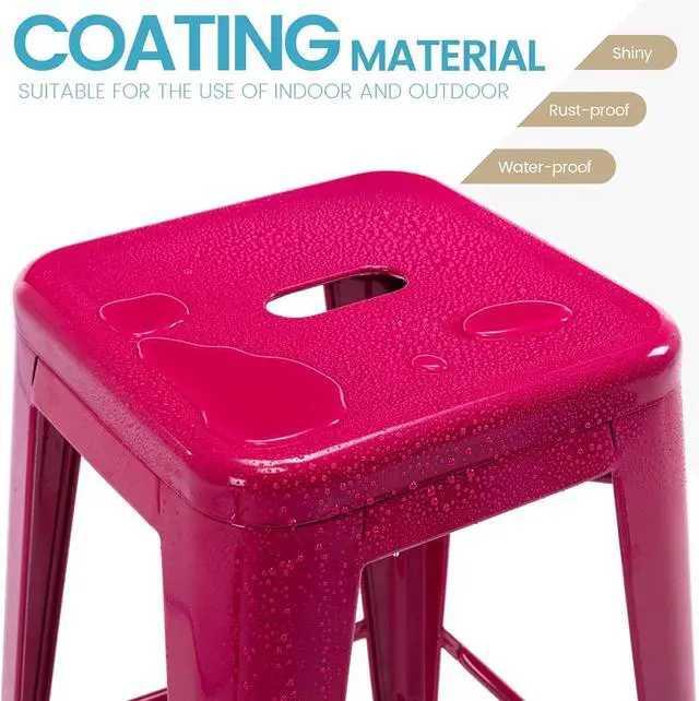 Alt view image 4 of 7 - Vogue Furniture Direct 24 Inch Metal Bar Stools, Backless Counter Height Barstools, Indoor Outdoor Stackable Stools with Square Seat, Set of 2 (Hot Pink)