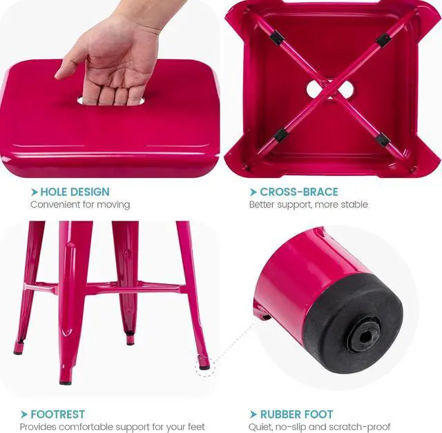 Alt view image 5 of 7 - Vogue Furniture Direct 24 Inch Metal Bar Stools, Backless Counter Height Barstools, Indoor Outdoor Stackable Stools with Square Seat, Set of 2 (Hot Pink)