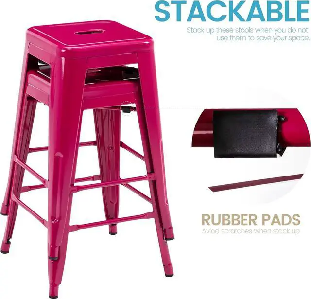 Alt view image 6 of 7 - Vogue Furniture Direct 24 Inch Metal Bar Stools, Backless Counter Height Barstools, Indoor Outdoor Stackable Stools with Square Seat, Set of 2 (Hot Pink)