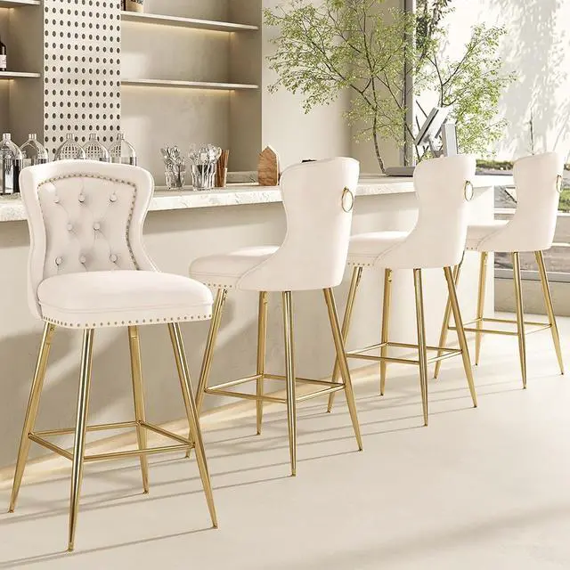 Main image of Farini Bar Stools Set of 4, Velvet Counter Height Bar Stools with Metal Legs, Button Tufted and Nailheads Trim, Wing-Back Bar Chairs for Kitchen Island Dining Room Pub, Beige